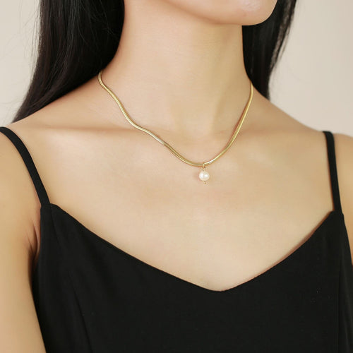 Stainless Steel Gold Plated Zircon Flat Snake Chain Pendant