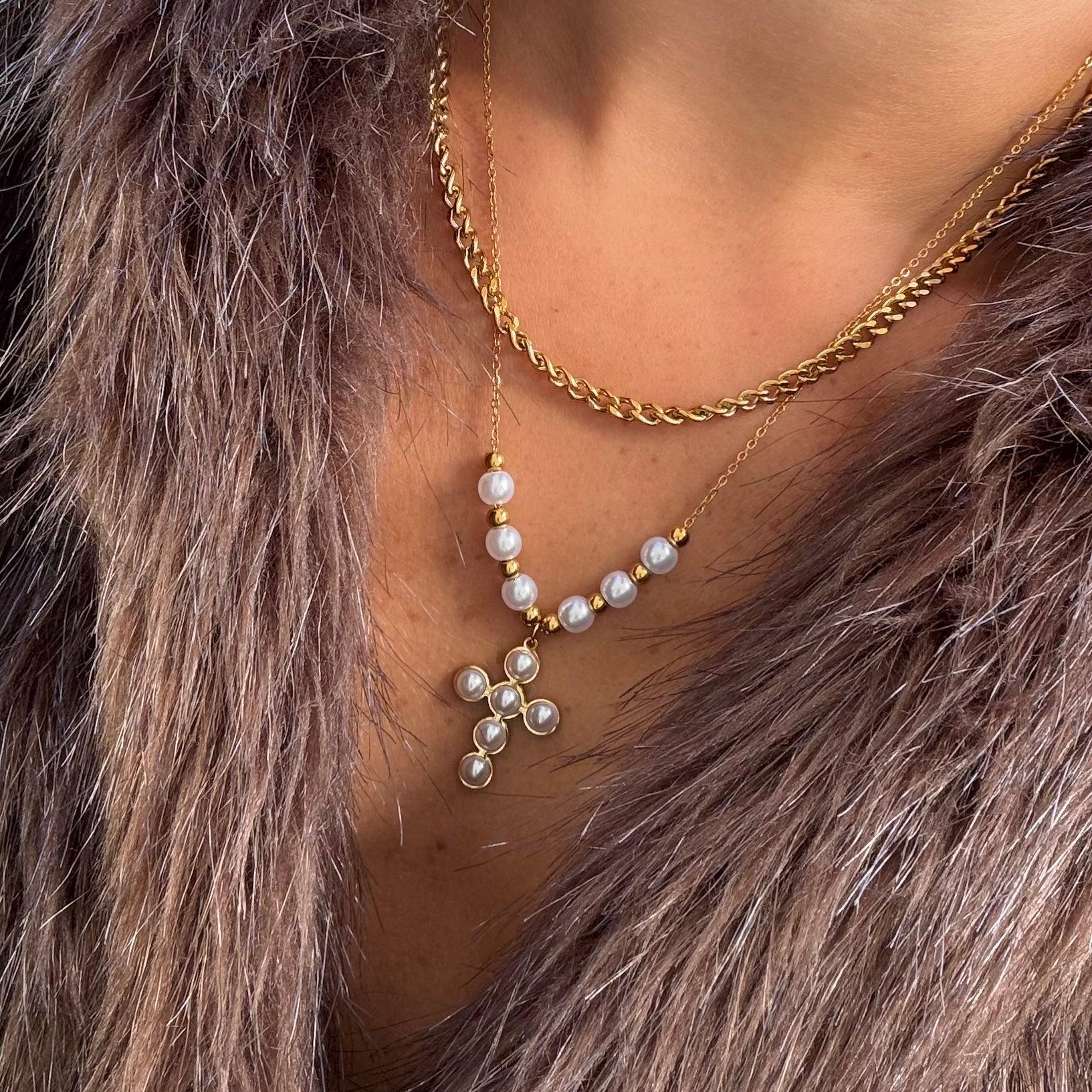 Evry Jewels Pearly Blessing  Cross Double Layered Necklace