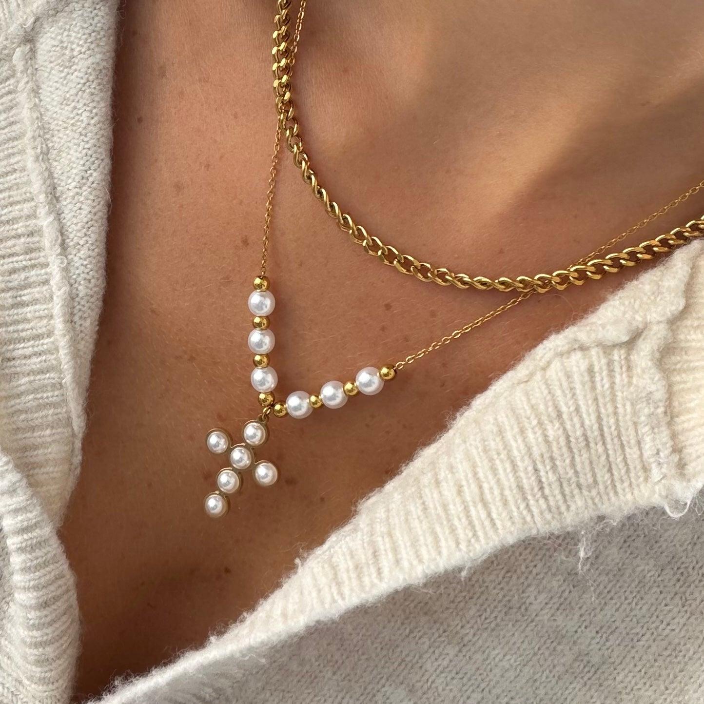 Evry Jewels Pearly Blessing  Cross Double Layered Necklace