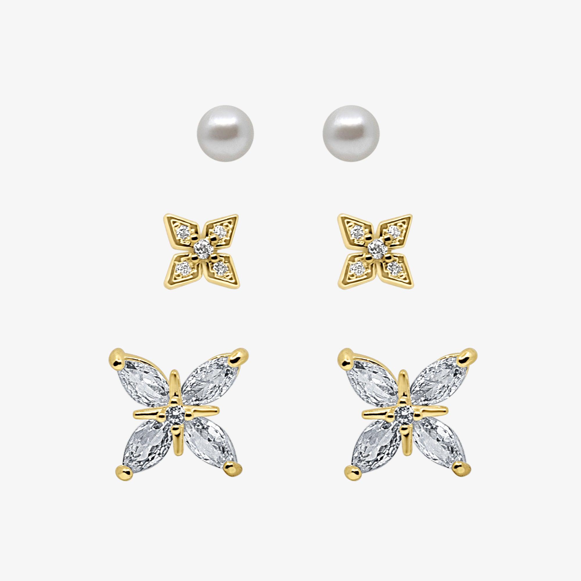 Evry Jewels Petite Bloom Stud Earrings 3 Piece Pack
