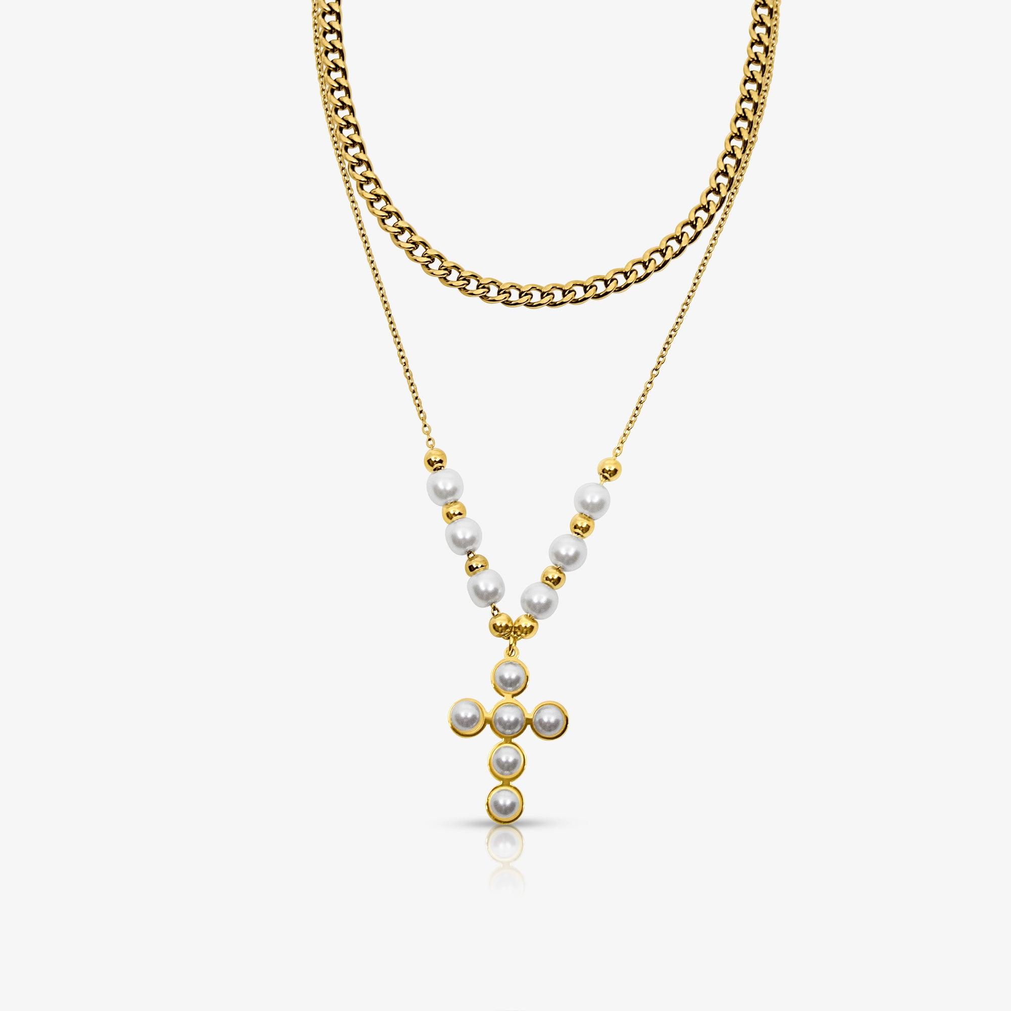 Evry Jewels Pearly Blessing  Cross Double Layered Necklace